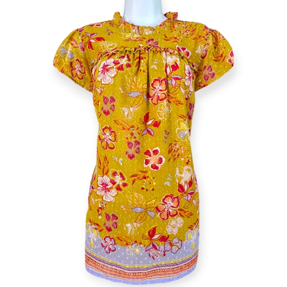NWOT Joie yellow pink ruffle cap sleeve floral blouse top Womens XLarge